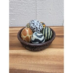 South African Bushcraft Trading Hand Carved Wood Bowl 6 Safari Egg Candles Vtg